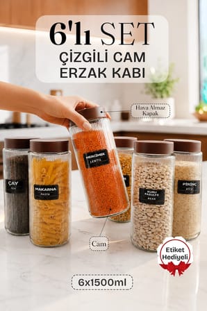 6 Lı Jumbo Boy Kapaklı Cam Erzak Kavanozu Saklama Kabı 1500 ml