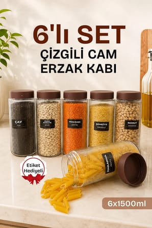 6 Lı Jumbo Boy Kapaklı Cam Erzak Kavanozu Saklama Kabı 1500 ml