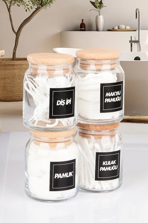 4'Lü Ahşap Vakumlu Kapaklı Kulak Pamuğu Makyaj Pamuğu Diş İpi ve Pamuk Kavanozu 300 Ml