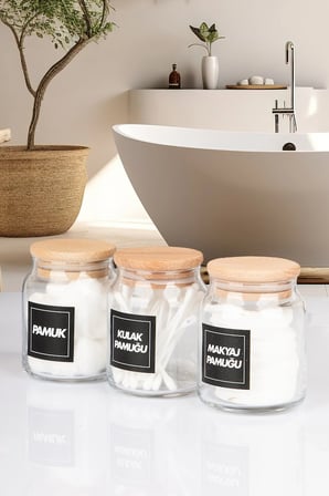4'Lü Ahşap Vakumlu Kapaklı Kulak Pamuğu Makyaj Pamuğu Diş İpi ve Pamuk Kavanozu 300 Ml