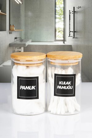 2'Lİ Bambu Vakumlu Kapaklı Kulak Pamuğu ve Pamuk Kavanozu Borosilikat Cam 250 Ml