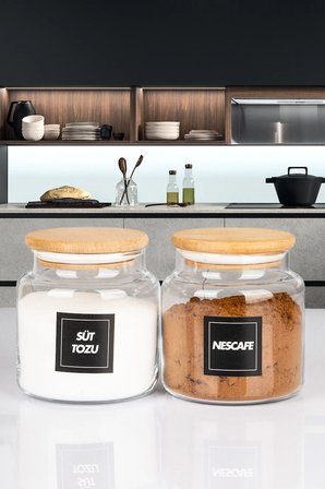 2'li Ahşap Vakumlu Kapaklı Süt Tozu Neskafe Kavanozu Saklama kabı Cam 600 ML