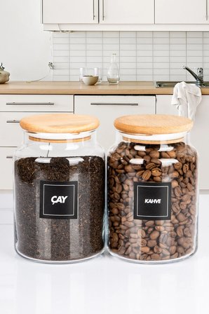 2'li Ahşap Vakumlu Kapaklı Çay ve Kahve Kavanozu Saklama kabı Cam 1000 ML