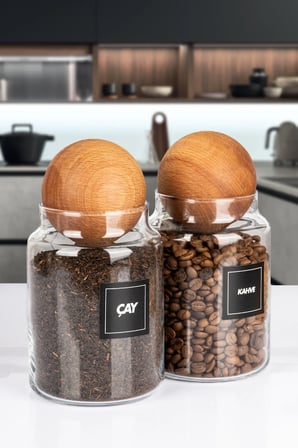 2'li Ahşap Top Kapaklı Çay ve Kahve Kavanozu Saklama kabı Cam 1000 ML