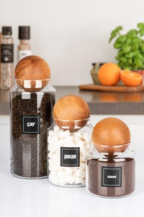 3'Lü Ahşap top Kapaklı Çay Şeker ve Kahve Kavanozu Saklama kabı Cam 600-900-1400 ML