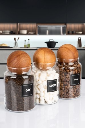 3'lü Ahşap Top Kapaklı 1000 Ml Çay Şeker Kahve  Erzak Saklama Kavanozu