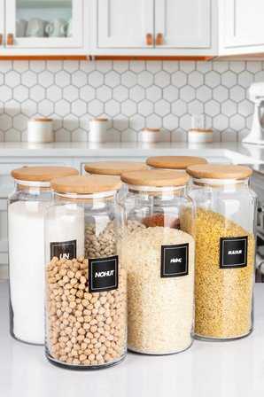6'Lı Ahşap Vakumlu Kapaklı 1400 Ml Bakliyat Erzak Saklama Kavanozu