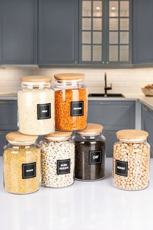 6'lı Ahşap Vakumlu Kapaklı 1000 Ml Bakliyat Erzak Saklama Kavanozu