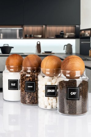 4'lü Ahşap Top Kapaklı 1000 Ml Çay Kahve Şeker Tuz Erzak Saklama Kavanozu