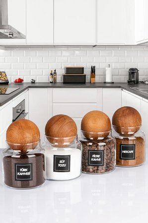 4'lü Ahşap Top Kapaklı 600 Ml Çay Kahve Şeker Tuz Erzak Saklama Kavanozu