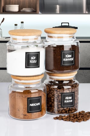 4'lü Ahşap Vakumlu Kapaklı 600 Ml Çay Kahve Şeker Tuz Erzak Saklama Kavanozu