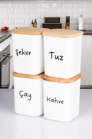 4'lü Ahşap Vakumlu Kapaklı Kare Akrilik Çay Şeker Kahve Tuz Erzak Saklama Kabı 900 ML