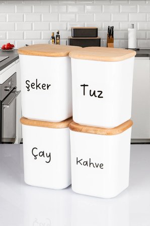 4'lü Ahşap Vakumlu Kapaklı Kare Akrilik Çay Şeker Kahve Tuz Erzak Saklama Kabı 900 ML