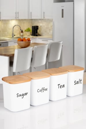 4'lü Ahşap Vakumlu Kapaklı Kare Akrilik Tea Sugar Coffee Salt Erzak Saklama Kabı 900 ML