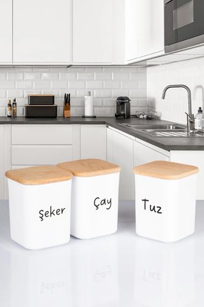 3'lü Ahşap Vakumlu Kapaklı Kare Akrilik Çay Şeker Tuz Erzak Saklama Kabı 900 ML