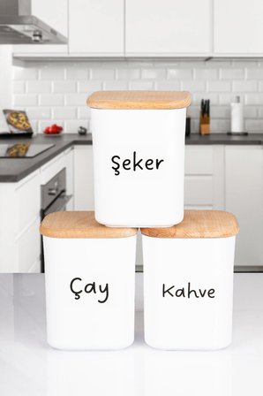 3'lü Ahşap Vakumlu Kapaklı Kare Akrilik Çay Şeker kahve Erzak Saklama Kabı 900 ML
