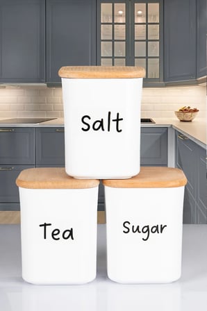 3'lü Ahşap Vakumlu Kapaklı Kare Akrilik Tea Sugar Salt Erzak Saklama Kabı 900 ML