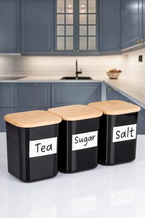 3'lü Ahşap Vakumlu Kapaklı Kare Akrilik Tea Sugar Salt Erzak Saklama Kabı 900 ML