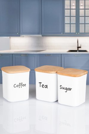 3'lü Ahşap Vakumlu Kapaklı Kare Akrilik Tea Sugar Coffee Erzak Saklama Kabı 900 ML