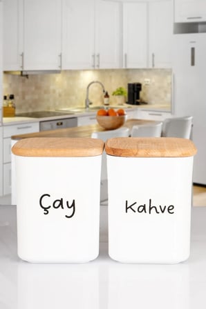 2'li Ahşap Vakumlu Kapaklı Kare Akrilik Çay Kahve Erzak Saklama Kabı 900 ML