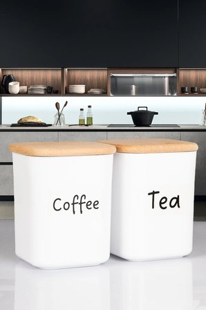 2'li Ahşap Vakumlu Kapaklı Kare Akrilik Tea Coffee Erzak Saklama Kabı 900 ML