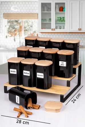 12'Li Standlı Doğal Ahşap Vakumlu Kapaklı Siyah Model Akrilik Baharatlık 300ML Etiketli