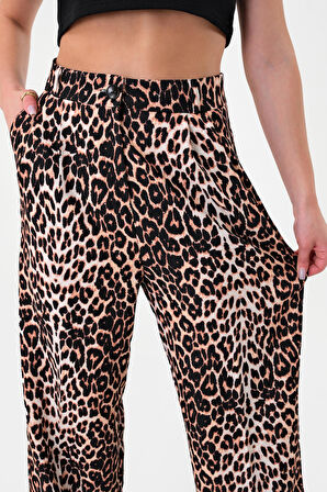 Kadın Kahverengi Pix Leopar Desenli Yüksek Bel Palazzo Pantolon