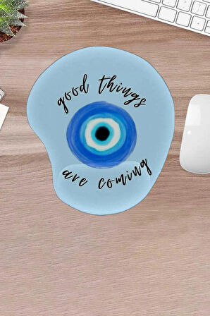 Damla, Mavi Good Things Are Coming, Nazar Boncuğu Bilek Destekli Konforlu mouse pad, bilgisayar laptop aksesuarı