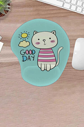 Damla, Kedi, Good Day, Bilek Destekli Mavi Güneş, Konforlu Mouse Pad, Bilgisayar Laptop Oyuncular İçin Aksesuar