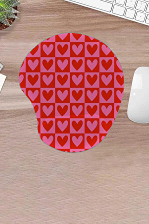 Damla, Kırmızı-Pembe Kalpler Desenli, Mousepad, Bilek Destekli Konforlu Mousepad, Bilgisayar- Laptop Aksesuarı