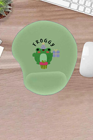 Damla, Yeşil renkli, kurbağa deseni, bilek destekli konforlu ergonomik mousepad, Bilgisayar ve laptop aksesuarı, oyuncular için mousepad