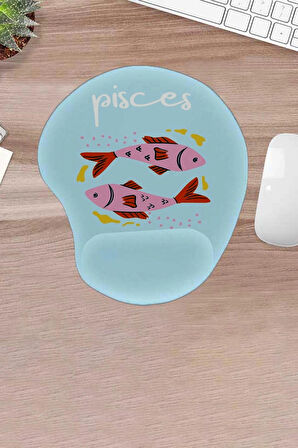 Damla, Mavi, Pisces, Balık Burcu Deseni, Burç Sembolü, Bilek Destekli Konforlu Mousepad
