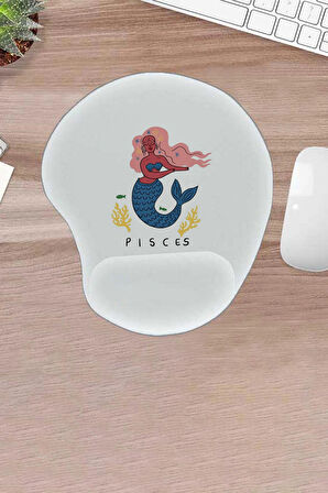 Damla, Pisces, Beyaz Bilek Destekli Konforlu Mousepad, Bilgisayar Faresi Pedi, Laptop Aksesuarı, PC OYUNCULARI İÇİN