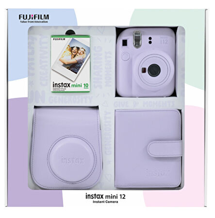 Fujifilm Instax Mini 12 10 Filmli Kare Albüm ve Deri Kılıflı Lila Fotoğraf Makineli Bundle Box