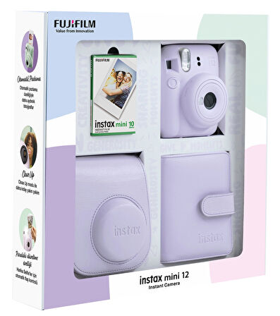 Fujifilm Instax Mini 12 10 Filmli Kare Albüm ve Deri Kılıflı Lila Fotoğraf Makineli Bundle Box