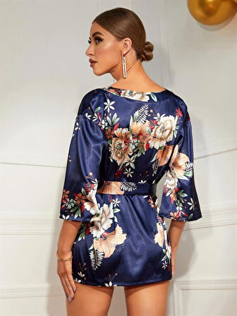 Amora Secret Çiçek Desenli Mavi Mini Saten Gecelik Sabahlık