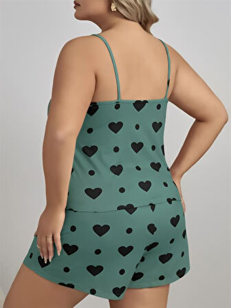 Amora Secret Kadın Fantazi İç Giyim Büyük Beden Yeşil Kalp Desen Pamuklu Şortlu Pijama Takımı - Şehvetli ve Zarif Tasarım