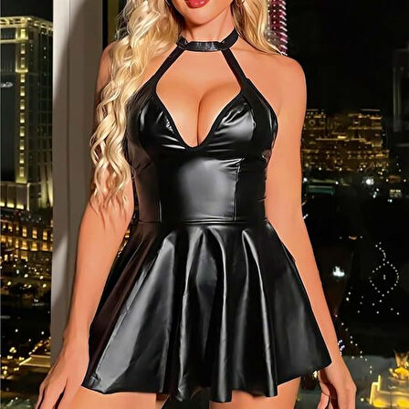 Amora Secret Kadın Fantazi İç Giyim Siyah Boyundan Bağlamalı Fantezi Parlak Deri Gecelik - Şehvetli ve Zarif Tasarım