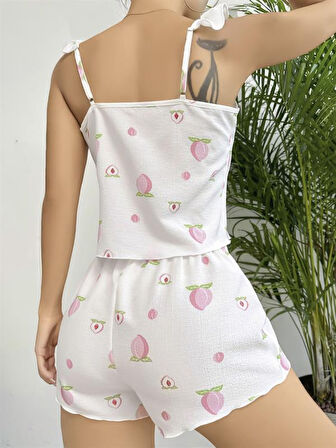 Amora Secret Kadın Fantazi İç Giyim Pamuklu Beyaz Üstüne Çiçek Desen Fırfır Askılı Şortlu Pijama Takımı - Şehvetli ve Zarif Tasarım