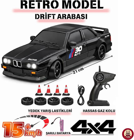 BMW E30 Drift Araba 4x4 Uzaktan Kumandalı Araba 2.4GHz Şarjlı LED Işıklı 15 Km Hız Araba (Siyah)