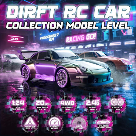 Porsche 911 Polarize Renkli 1:24 Drift 4X4 Şarjlı RC Uzaktan Kumandalı 20 Km/s Hızında Hediyelik Oyuncak