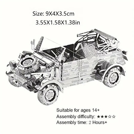 DIY 3D Metal Puzzle Bulmaca Alman Volkswagen Kübelwagen 65 Parça 14+ yaş üstü Hediyelik model