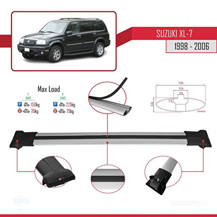 Suzuki XL-7 1998-2006 Arası ile Uyumlu FLY Model Ara Atkı Tavan Barı Gri 2 Adet