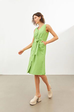 Yeşil Keten V Yaka Kuşaklı Kolsuz Midi Elbise