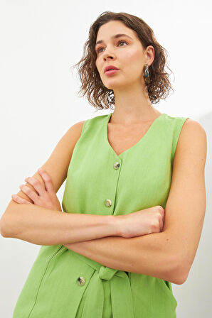 Yeşil Keten V Yaka Kuşaklı Kolsuz Midi Elbise