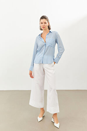 Mavi Tek Cepli Çizgili Gömlek