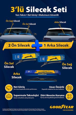 Goodyear Tesla Model Y 2022-2026 Uyumlu Ön Arka 3'lü Muz Silecek Seti (750 Mm 500 Mm 400 Mm)