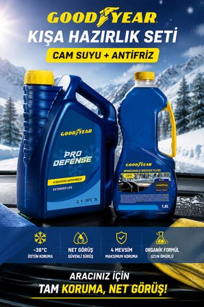 Goodyear Kış Antifriz Seti Mavi Organik 4 Mevsim Antifriz -36°C 3 L + Kış Antifrizli Cam Suyu 1,8 L
