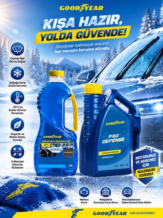 Goodyear Kış Antifriz Seti Mavi Organik 4 Mevsim Antifriz -36°C 3 L + Kış Antifrizli Cam Suyu 1,8 L