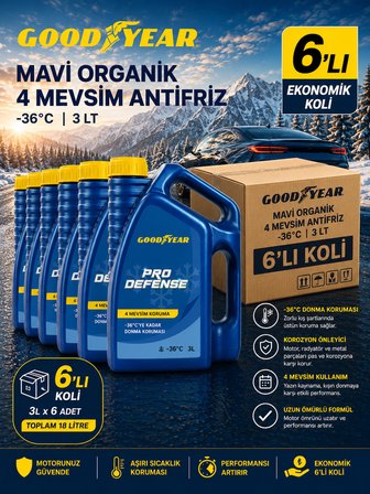 Goodyear 6'lı Mavi Organik 4 Mevsim Antifriz -36°C 3 Lt ( 6 x 3 Litre)